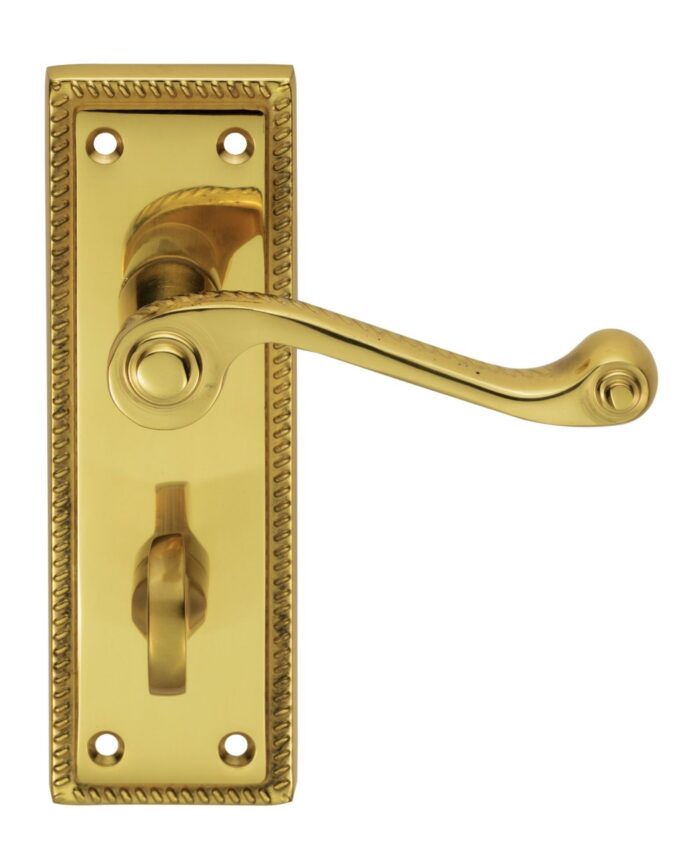 Brass door handle on decorative backplate