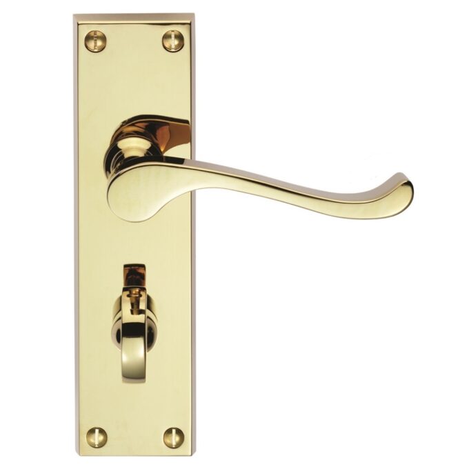 Polished brass door handle on backplate.