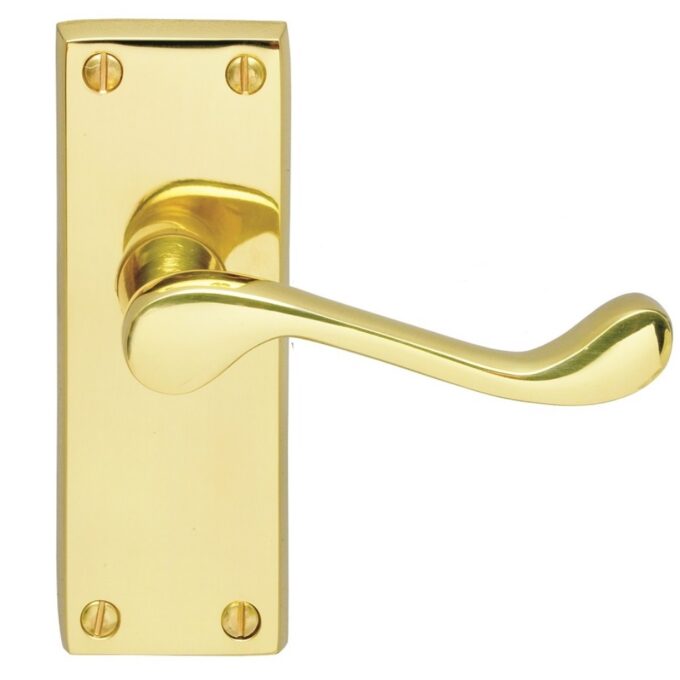 Polished gold door handle on rectangular backplate.