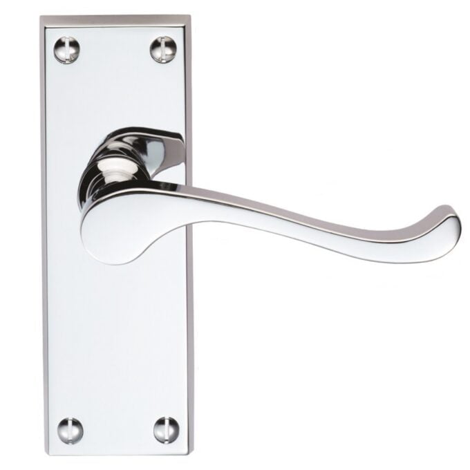 Modern chrome door handle on white plate.