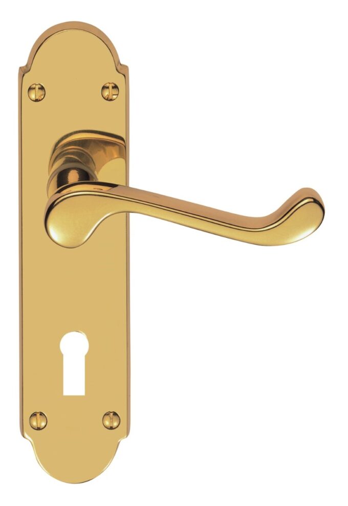 Gold door handle on ornate backplate with keyhole.