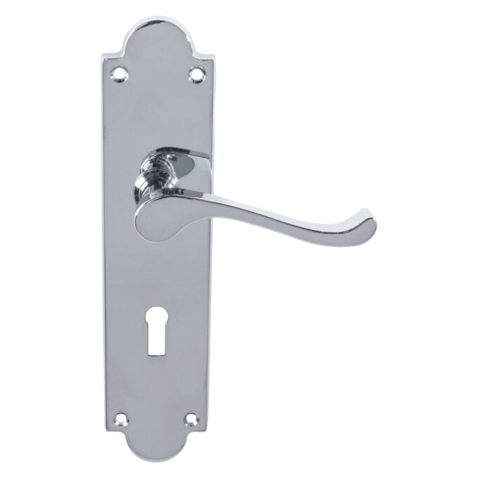 Chrome door handle with keyhole on decorative plate.