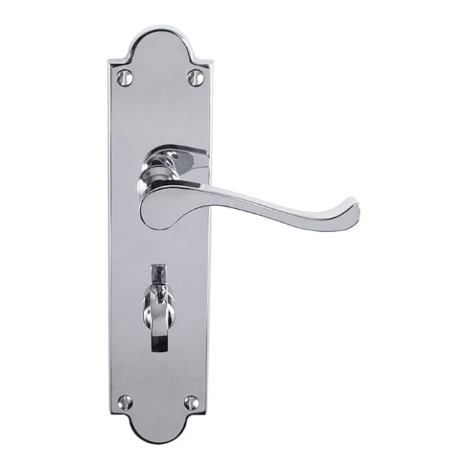 Chrome door handle on decorative backplate with keyhole