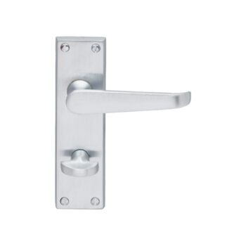 Stainless steel door handle on backplate isolated on white