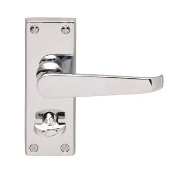 Chrome lever door handle on rectangular backplate.