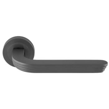 Modern grey door handle on white background.