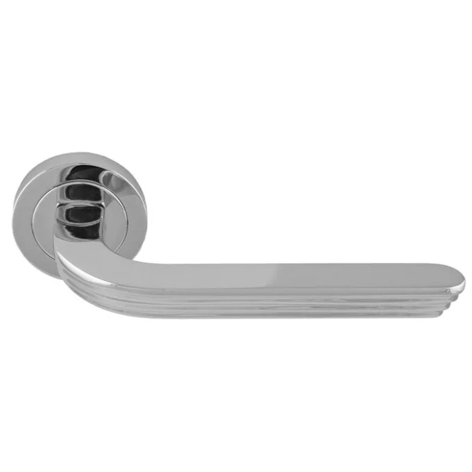 Modern chrome door handle on white background.