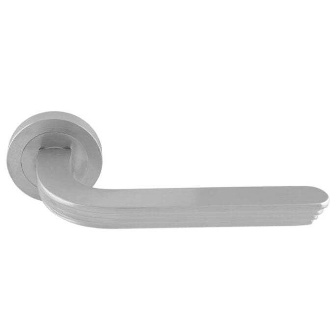 Modern silver door handle on white background.