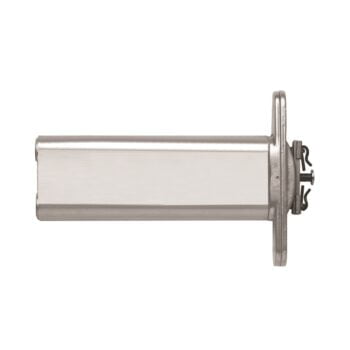 Stainless steel industrial hydraulic cylinder on white background.