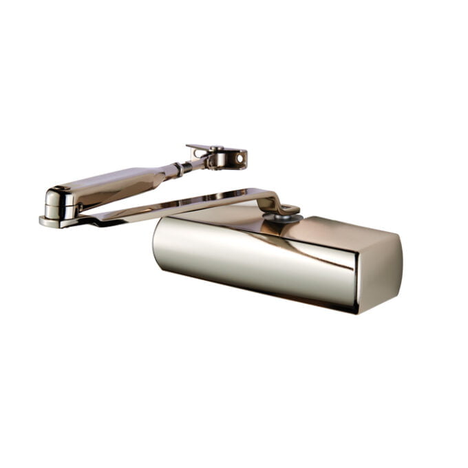 Chrome overhead door closer on white background.