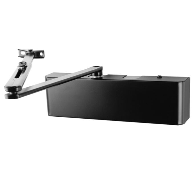 Black modern turntable side view with tonearm.