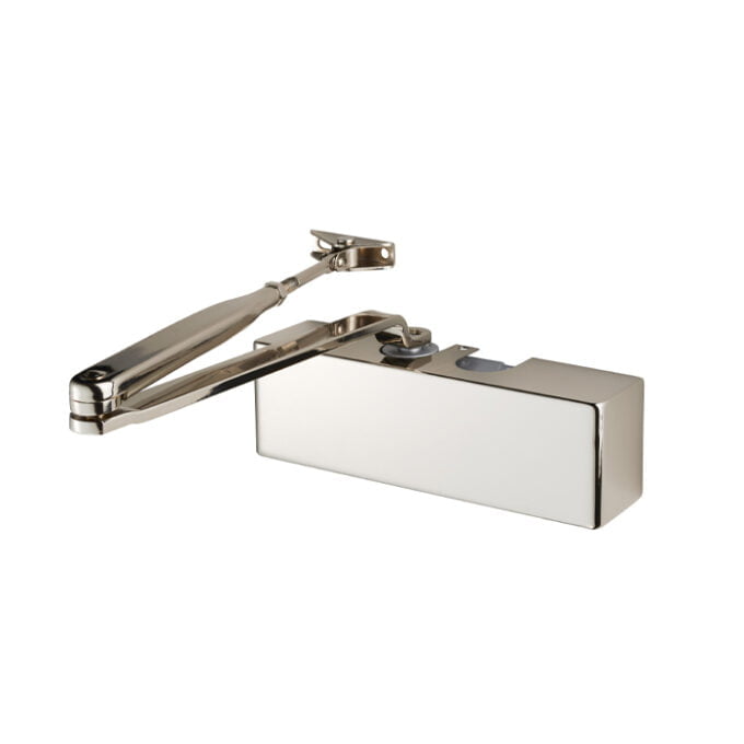 Chrome soft-close cabinet door hinge isolated on white