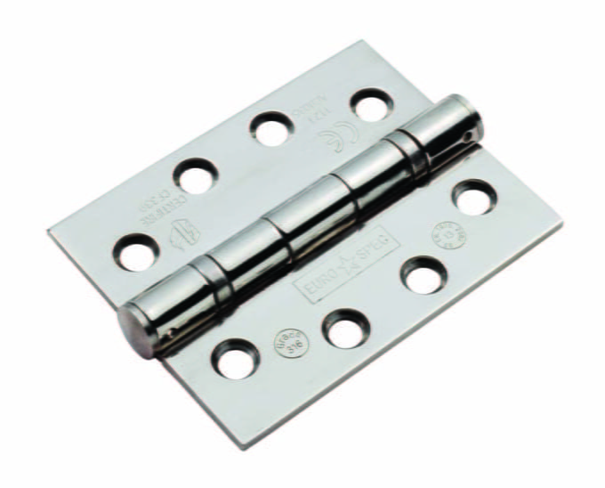 Stainless steel door hinge on white background.