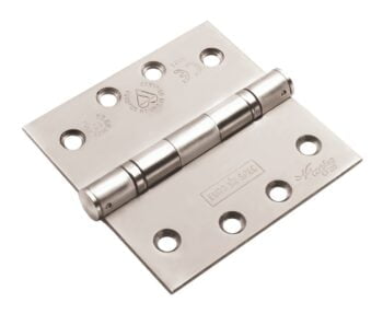 Stainless steel door hinge with certification marks.