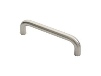 Brushed nickel cabinet handle isolated on white background.