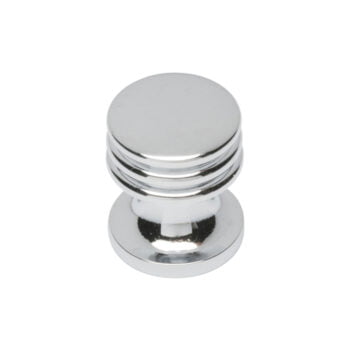 Polished chrome cabinet knob on white background.