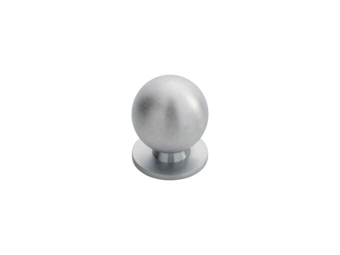 Stainless steel spherical cabinet knob on white.