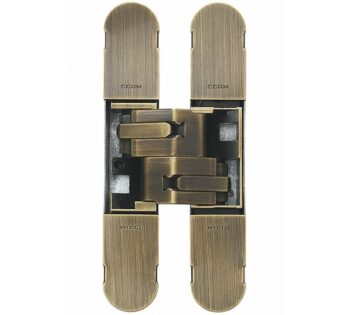 Antique brass door hinge, symmetrical design.