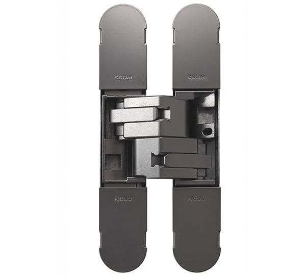 Precision-engineered grey metal hinge component.