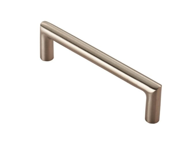 Brushed nickel cabinet handle on white background.