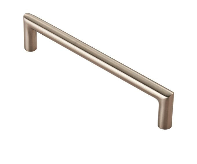 Satin nickel cabinet handle on white background