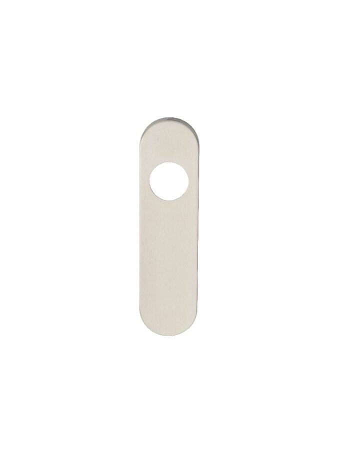 Stainless steel door handle plate with hole.