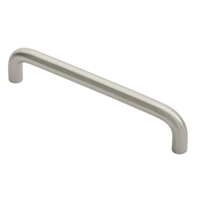 Brushed nickel cabinet handle on white background