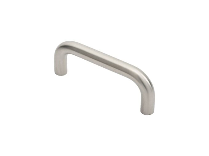 Brushed stainless steel cabinet handle on white background.