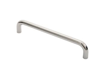 Polished chrome cabinet handle on a white background