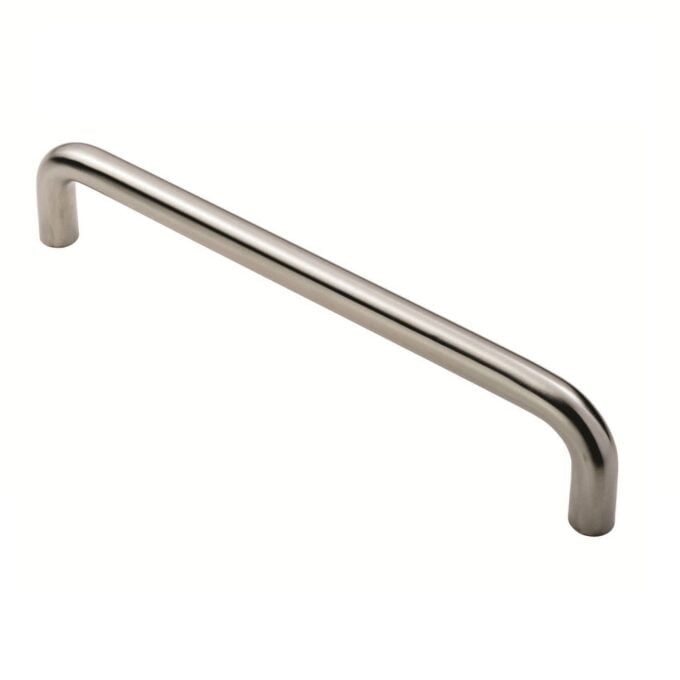 Stainless steel cabinet handle on white background.