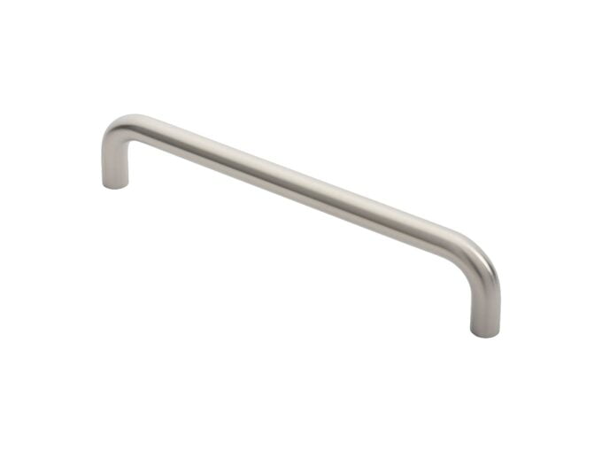 Brushed nickel cabinet handle on white background.