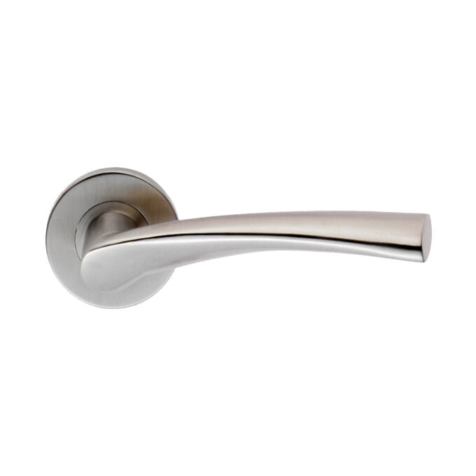 Modern satin nickel door handle on white background