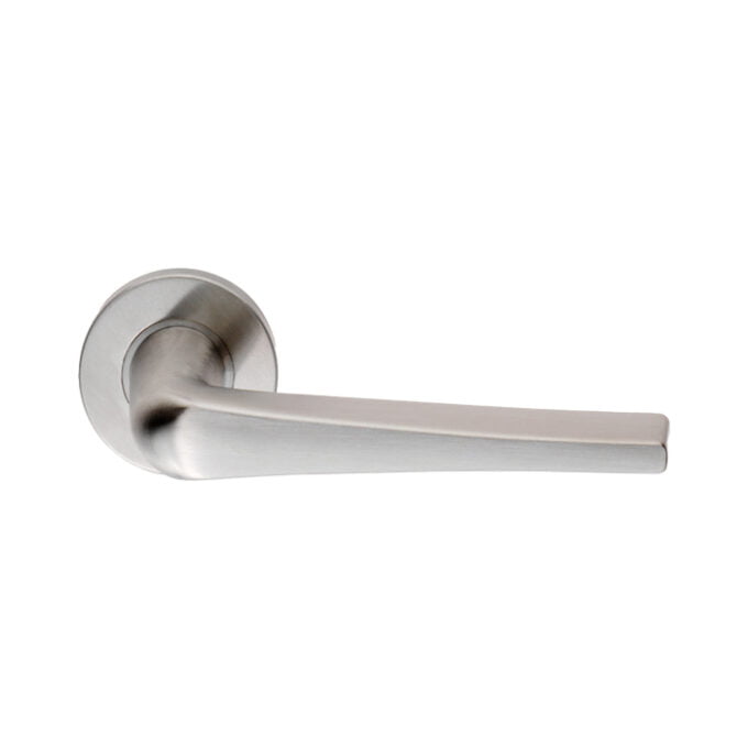 Stainless steel modern door handle on white background