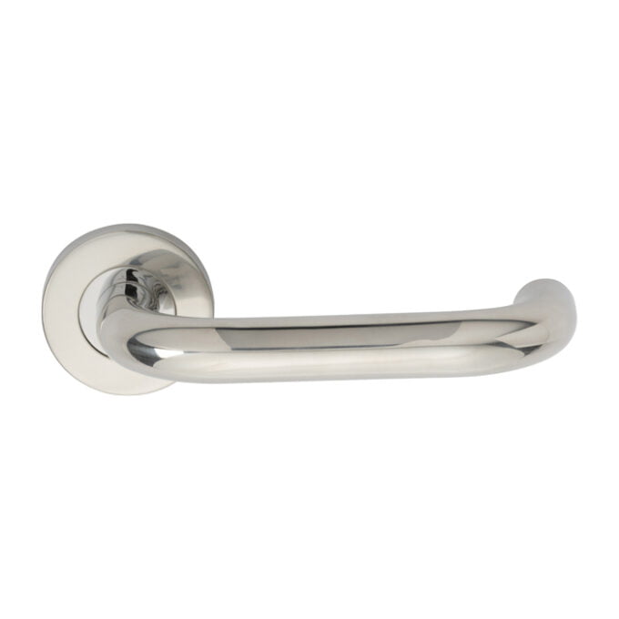 Chrome door handle on white background.