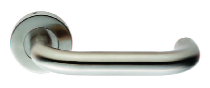 Satin nickel modern door handle isolated on white.