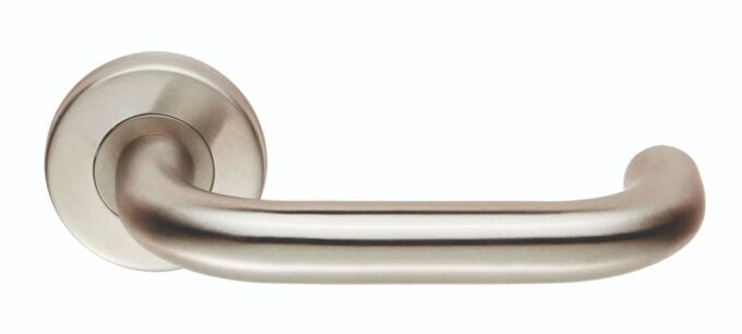 Brushed nickel door handle on white background.