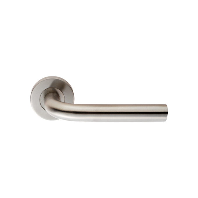 Stainless steel modern door handle on white background.