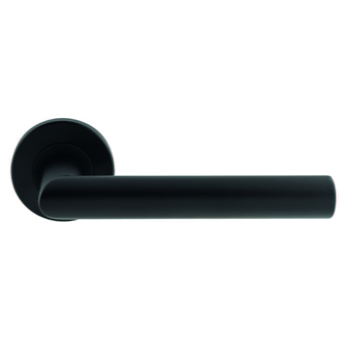 Black modern door handle on white background.