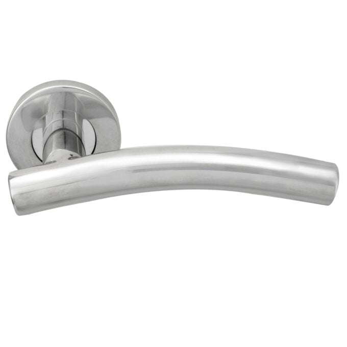 Sleek modern silver door handle on white background.