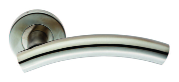 Modern satin nickel door handle on white