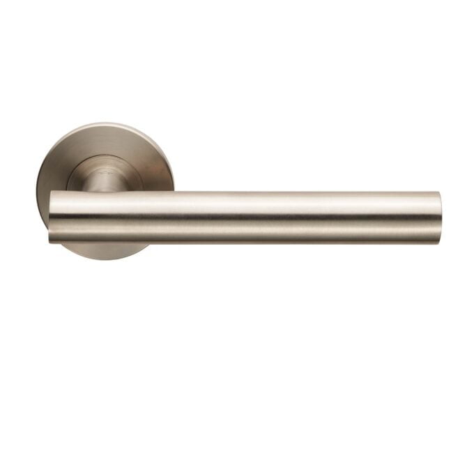 Satin nickel modern lever door handle isolated on white