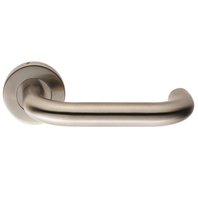 Satin nickel door handle on white background.