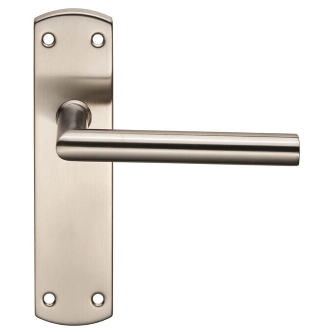 Brushed nickel door lever on plate