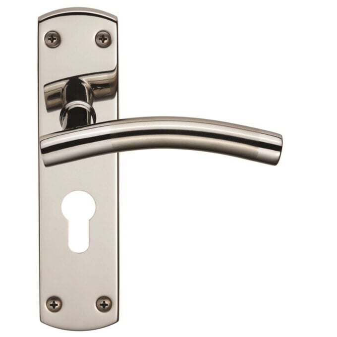 Polished chrome door handle with keyhole on backplate