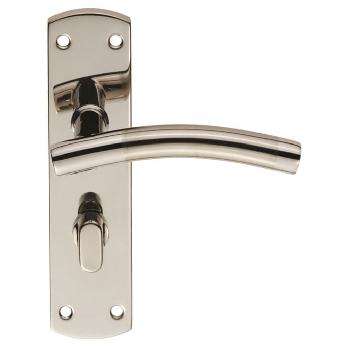 Polished nickel door handle on backplate.