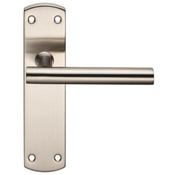 Stainless steel modern door handle on plate.