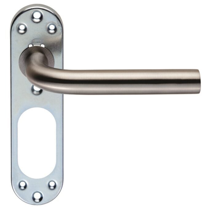 Stainless steel door handle on mounting plate.