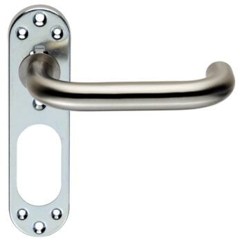 Stainless steel door handle on backplate.