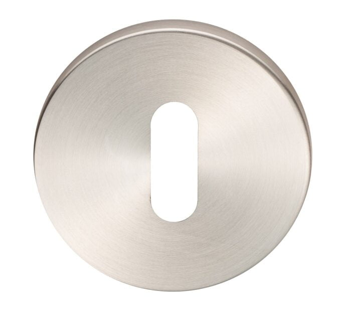 Brushed nickel keyhole cover on white background