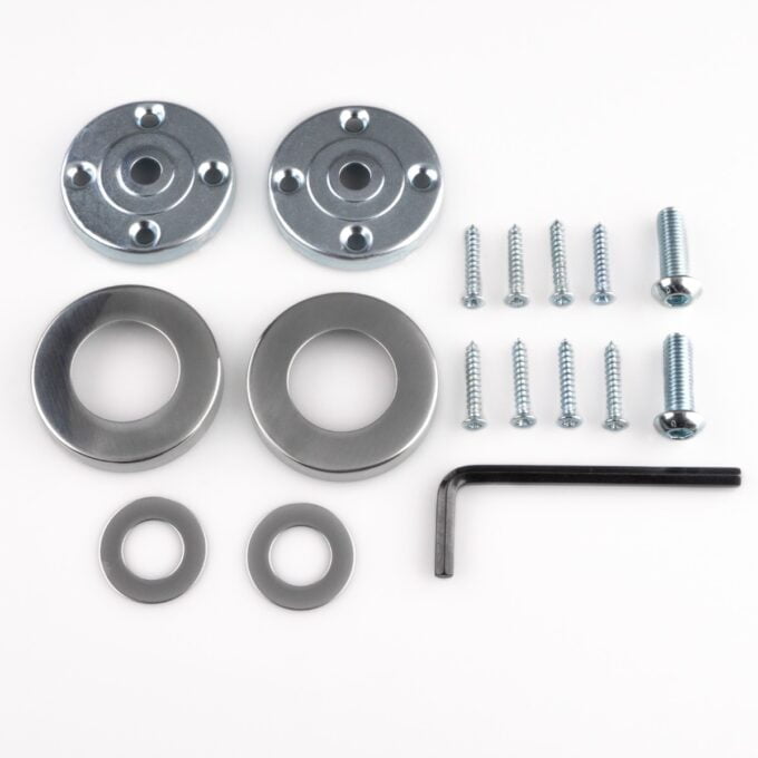 Assorted metal flanges, screws, and washer hardware on white.